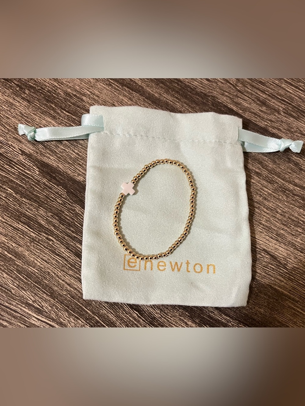Gold Beaded Bracelet with White Cross Charm